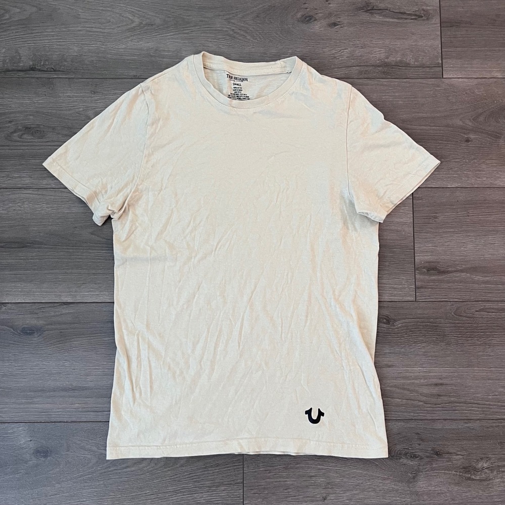True Religion Mens Horseshoe Logo Cotton T-Shirt Cream Off White Small